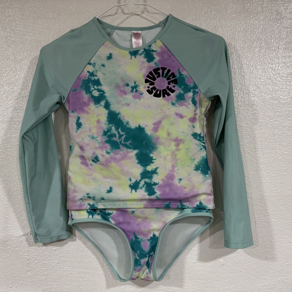 Justice Surf Rash Guard Swimsuit Girls Large 12 14 Tie Dye Long Sleeve Swim Set